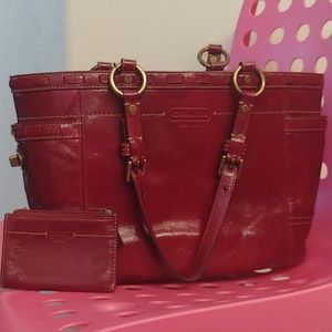 Red leather coach bag with matching wallet
